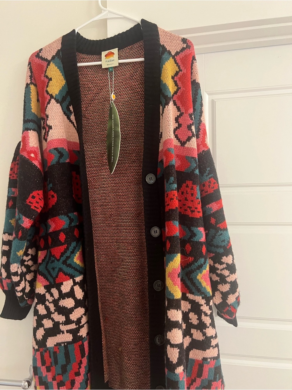 FARM Rio Bold Multicolor Geometric Knit Cardigan - Pink, Black, Teal & Yellow